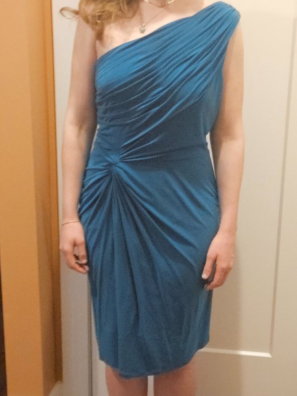 ADRIANNA PAPELL TEAL 1 SHOULDER RAUCHED JERSEY DRESS, SIZE 10
